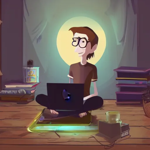 Image similar to a skinny computer nerd guy sitting on the floor of his room, crossed legs, laptop, smartphone, video games, tv, books, potions, jars, shelves, knick knacks, tranquil, star charts, calm, sparkles in the air, magic aesthetic, fantasy aesthetic, faded effect, by dreamworks animation studio