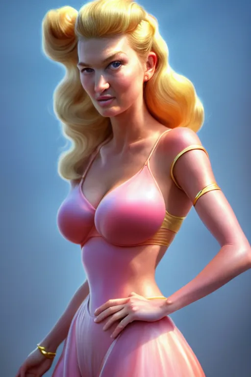 Image similar to polished sweaty princess peach : : gisele bundchen face : : kate upton body : : weta disney pixar movie still photo : : hi - fructose, sci fi, fantasy, decadent highly - detailed digital painting, golden ratio, octane render, artstation, smooth, sharp focus, artgerm, mucha, loish, wlop : :