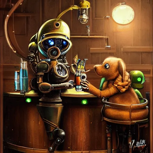 Image similar to a steampunk robot is at the bar and orders a drink from a (TY fluffy beanie baby puppy) bartender, cgsociety, old master.