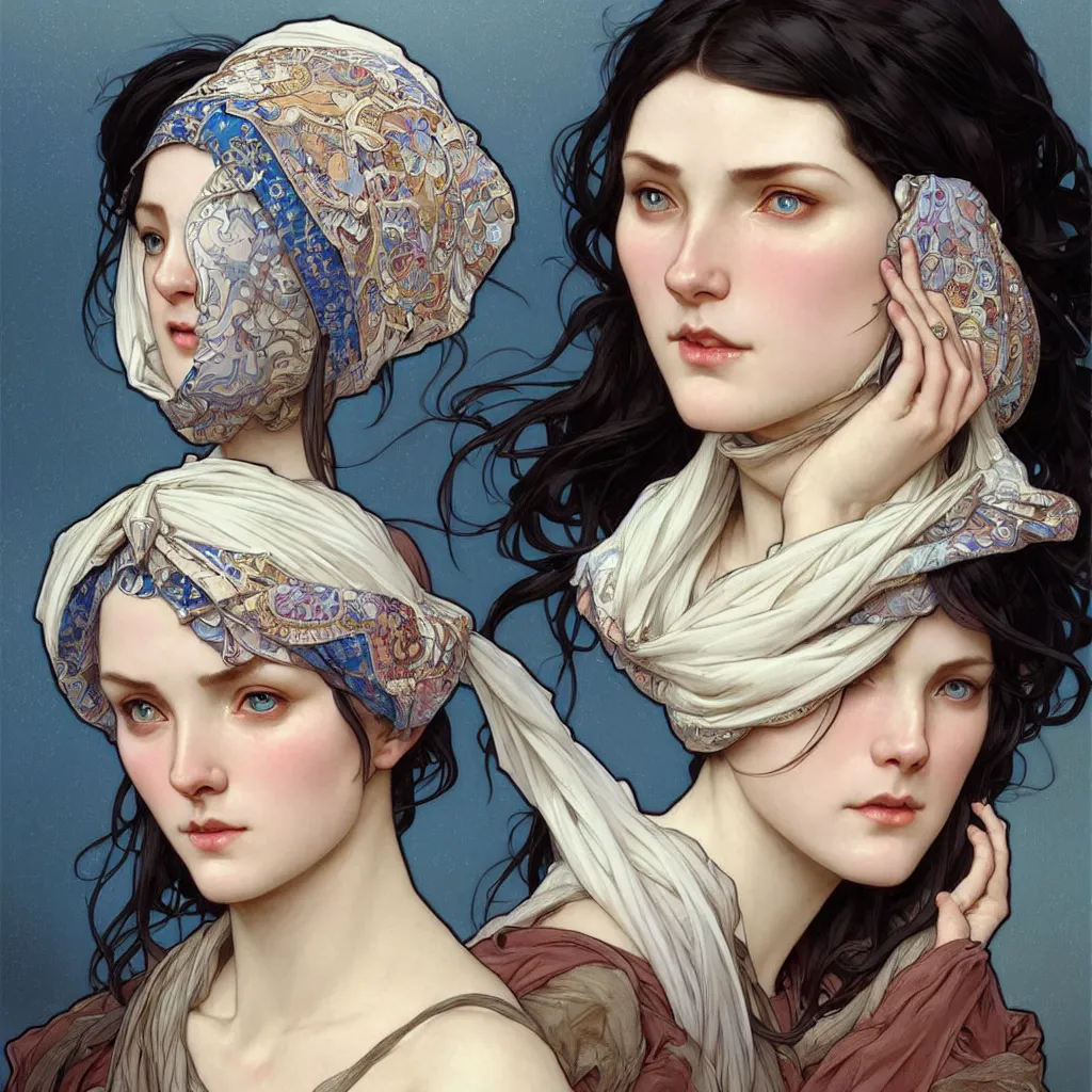 Prompt: Portrait of female cleric with kerchief covering her ears. Blue eyes, black hair, porcelain skin, full lips, high slanted cheekbones. Fantasy art by artgerm and greg rutkowski and alphonse mucha, intricate, elegant, highly detailed, dramatic lighting, digital painting, concept art, illustration, award winning on artstation, D&D, AD&D.