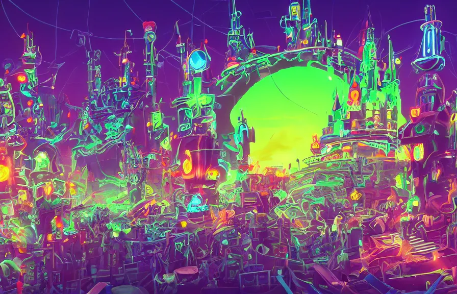 Image similar to a futuristic neon castle, crowded, plastic, nature, robots, digital art.