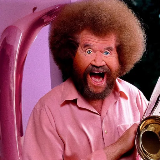 Image similar to bob ross screaming at a giant pink tuba