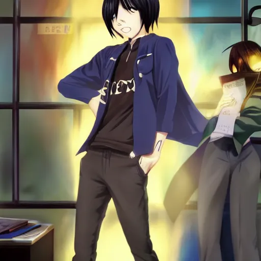 Prompt: aloof anime man with black emo hair wearing baggy shorts, standing in headmistress's office, smug grin, smug expression, punchable expression, punchable face, he's a jerk, sharp details, subsurface scattering, intricate details, art by artgerm, anime, anime hd wallpaper, 2 0 1 9 anime screenshot