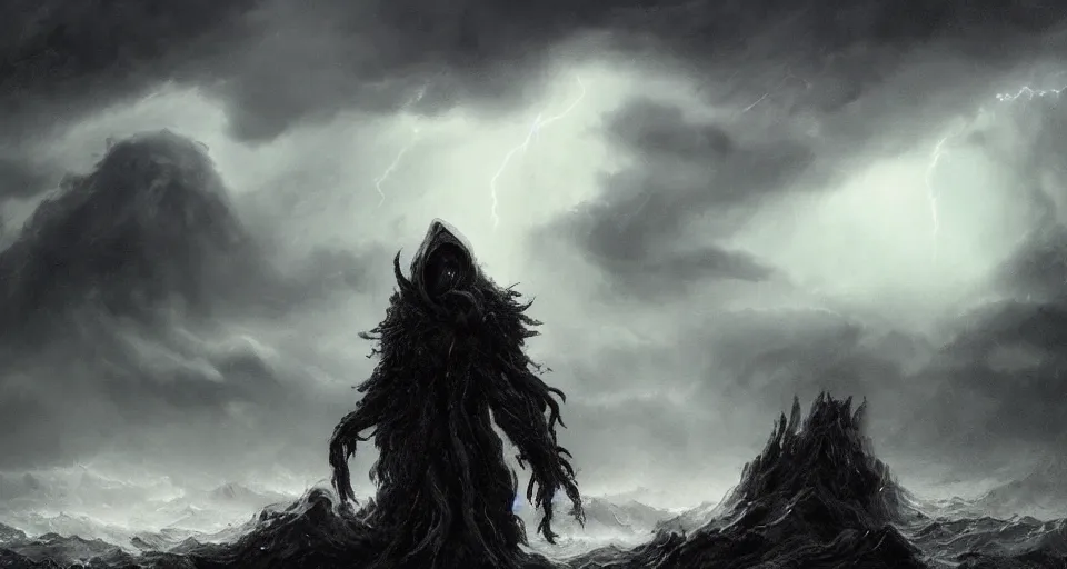 Image similar to black covered in lovecraftian eldritch!! giant creature!! wrapped in clouds on a black desert, being found by explorers, snowy, windy, by eugene von guerard, ivan shishkin, night, lightning!!, storm!, dramatic lighting, concept art, trending on artstation, 8 k