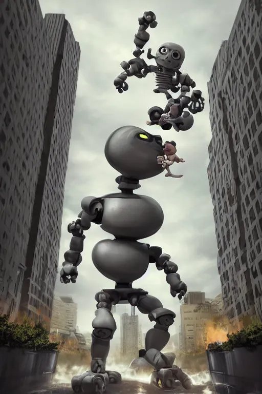 Image similar to evil giant baby with a robo arm and a robo eye in a diaper is taller than office buildings, goes destroying buildings under his feet, art, illustration, 3 d, render