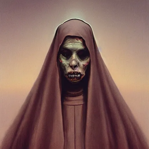 Prompt: A portrait of A zombie nun by Zdzisław Beksiński and Ilya Repin,In style of Post-Apocalyptic.digital art, illustration,hyper detailed,smooth, sharp focus,trending on artstation,oil on the canvas,4k