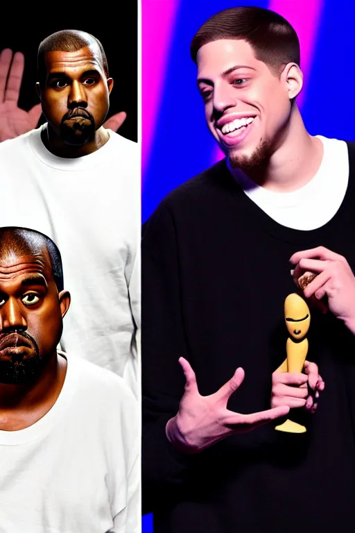 Image similar to kanye west and pete davidson, mtv celebrity death match