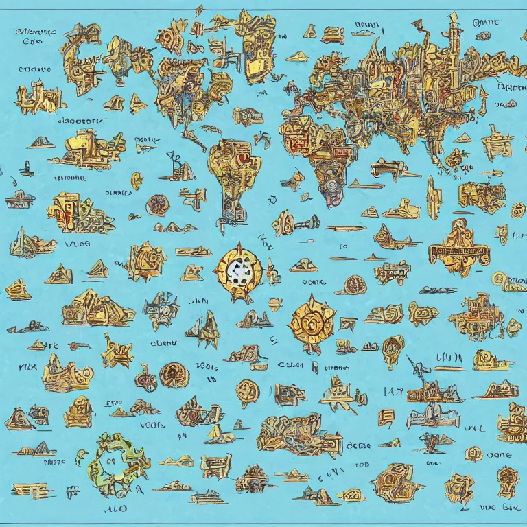 Prompt: imaginary map of different realms, map of fantacy world, different realms, mobile game art, blueprint, infographic, vintage theme, on paper, realms with different colors, with notes, highly detailed, hyper realistic