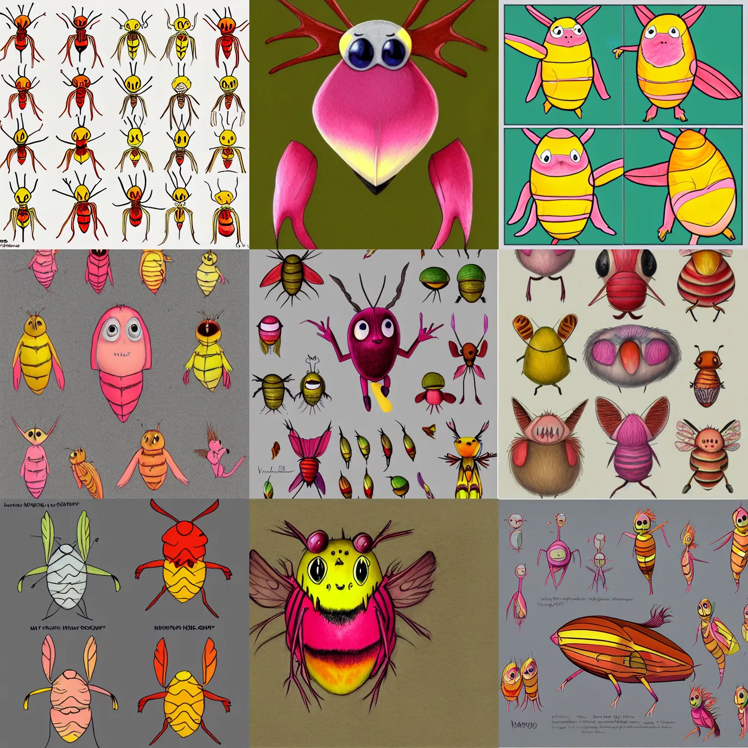 Prompt: character design sheets of a cartoon rosy maple moth person in the calarts art style, art by tim burton, art by vivienne medrano, 2 d, colored pencils, drawing sketches, creative, unique, high quality, real life, cinematic shot