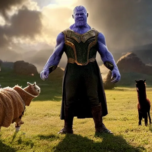 Prompt: Thanos as Frodo Baggins, the shire, short person, the ring, lord of the rings, photobomb by an adorable alpaca in front of Thanos