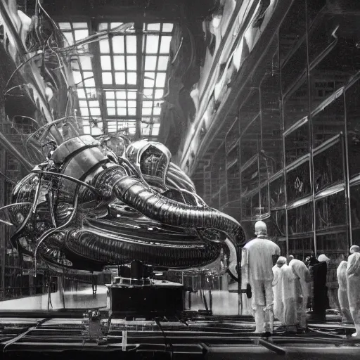 Image similar to scientists discovering an alien spacecraft inside a research center, 1 9 2 0's sci - fi, black and white, 8 k, highly ornate intricate details, extreme detail,