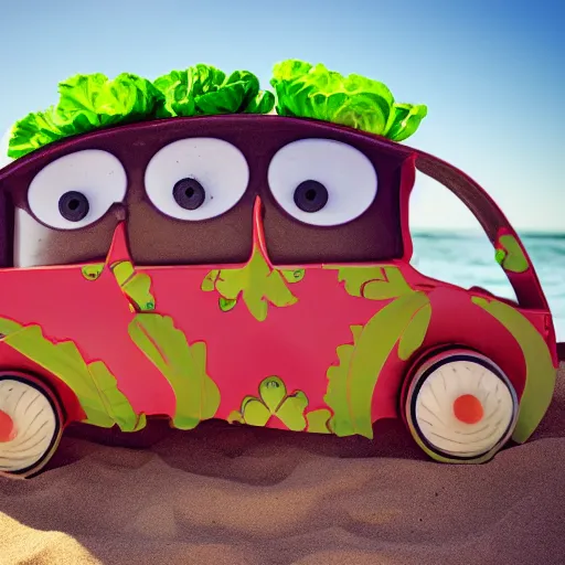 Image similar to cabbage car with brussels sprouts wheels having fun at the beach
