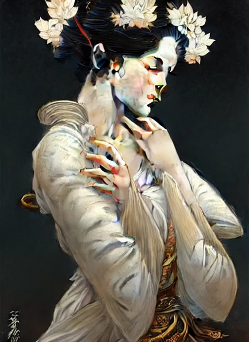 Image similar to soft and lustrous ivory ebony geisha organic cyborg, diffuse lighting, fantasy, intricate, elegant, highly detailed, lifelike, photorealistic, digital painting, artstation, illustration, concept art, smooth, sharp focus, art by john collier and albert aublet and krenz cushart and artem demura and alphonse mucha