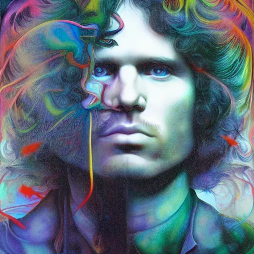 Image similar to colour masterpiece surreal closeup portrait photography jim morrison by miho hirano and annie leibovitz and michael cheval, psychedelic smoke background, 8 k