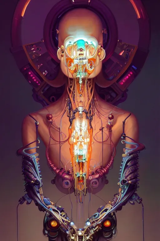 Image similar to portrait, biomechanical bioluminescent creature, cyberpunk, elegant baroque, asymmetrical art, hyperrealism, colorful, vivid, imposing, epic, digital painting, artstation, concept art, by peter mohrbacher and wlop and rhads and artgerm and magali villeneuve and alphonse mucha