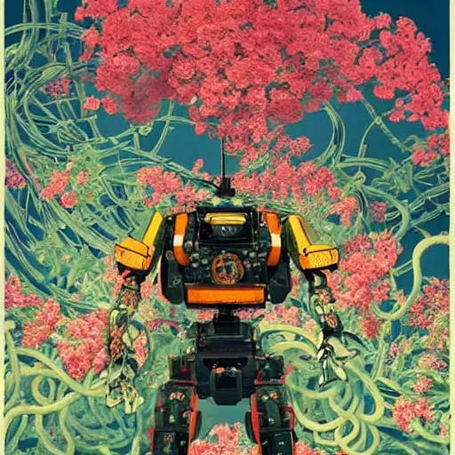 Image similar to colourful vfx art - portrait of army mecha robot wrapped in flowers & vines, art by utagawa kunisada & tadanori yokoo, volumetric light, ray tracing, sharp, detailed, digital painting, illustration, highly detailed, intricate detail, unreal engine, octane render, pinterest, behance, art station,