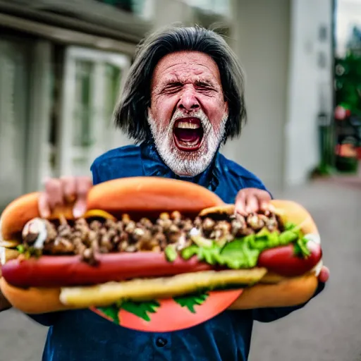 Image similar to portrait of an elderly man with a mullet haircut screaming at a hotdog, 🌭, canon eos r 3, f / 1. 4, iso 2 0 0, 1 / 1 6 0 s, 8 k, raw, unedited, symmetrical balance, wide angle