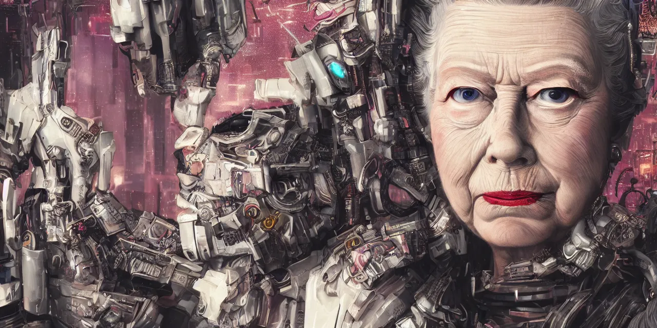 Image similar to a portrait of cyberpunk Queen Elizabeth II, hyperdetailed, artstation, accurate, octane render, surreal, 8k