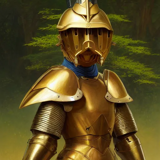 Image similar to photo of a humanoid capybara dressed in armor with a golden helmet on the head, hold sword in the forest, highly detailed, digital painting, artstation, smooth, sharp focus, illustration, art by artgerm and greg rutkowski and alphonse mucha