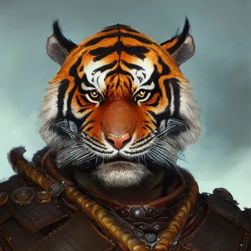 Image similar to a detailed portrait of a tiger earth sorcerer dressed with a leather armor, by justin gerard and greg rutkowski, digital art, realistic painting, dnd, character design, trending on artstation