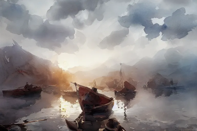 Image similar to paint brush strokes, abstract watercolor painting of rustic village, jettying, viking age, fog, ambient lighting, art by hans dahl, by jesper ejsing, art by anders zorn, wonderful masterpiece by greg rutkowski, cinematic light, american romanticism by greg manchess, creation by tyler edlin