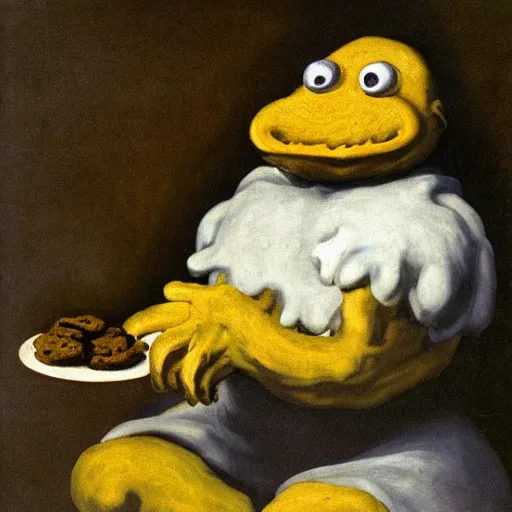 Image similar to cookie monster devouring his cookies, by francisco goya