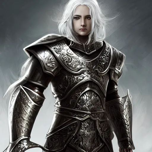 Image similar to handsome male snow elf in silver ornate armour, albino skin, elden ring, realistic, dnd character portrait, full body, dnd, rpg, lotr game design fanart by concept art, behance hd, artstation, deviantart, global illumination radiating a glowing aura global illumination ray tracing hdr render in unreal engine 5