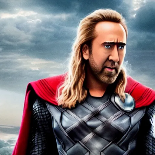 Image similar to film still of Nic Cage as Thor in Avengers Endgame