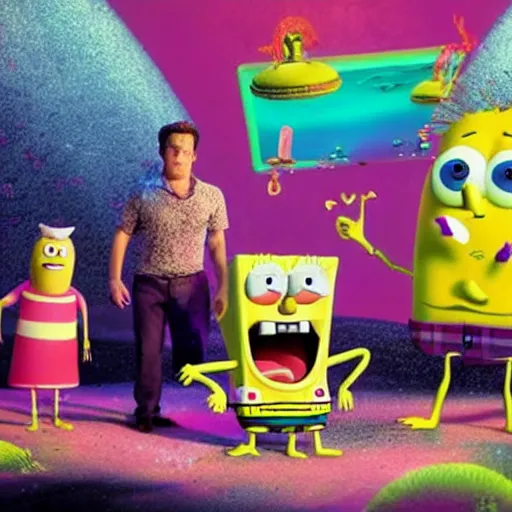 Image similar to a glossy promotional image for the upcoming sci-fi horror movie, 'SpongeBob Squarepants'