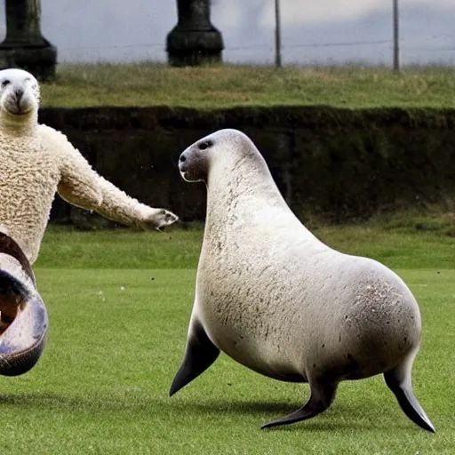 Prompt: seal tossing a ball with a sheep, award winning photo