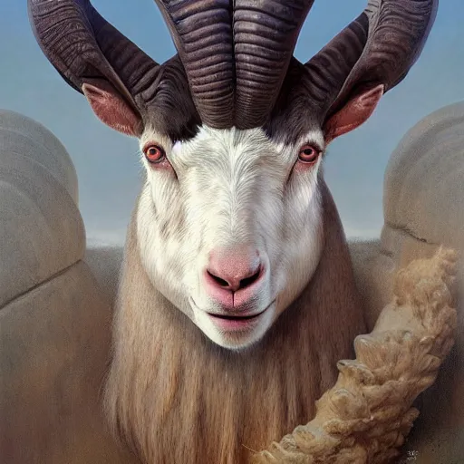 Image similar to vladimir putin, anthropomorphic goat with putin face, hybrid, macabre, horror, by donato giancola and greg rutkowski and wayne barlow and zdzisław beksinski, digital art