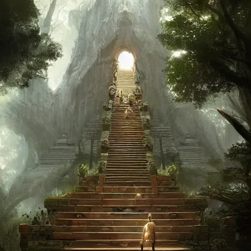 Prompt: a tree formed as a temple, wooden stairs, by greg rutkowski, magic the gathering, highly detailed, matte painting, trending on artstation