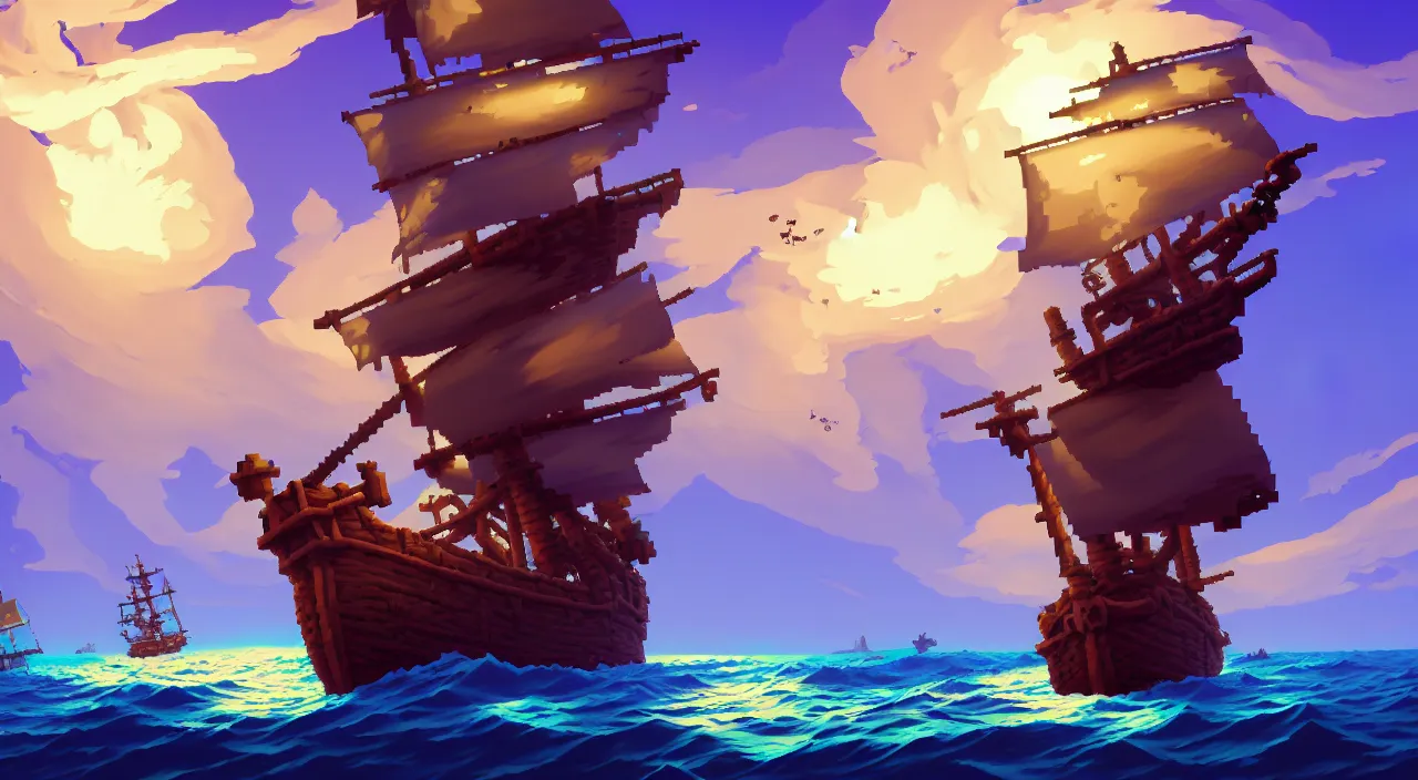 Prompt: Pixelart of a ghost pirate ship with Jolly Roger flag in the ocean, volumetric lighting, digital pixel art, pixiv, official fanart behance hd by Jesper Ejsing, by RHADS, Makoto Shinkai and Lois van baarle, ilya kuvshinov, rossdraws global illumination