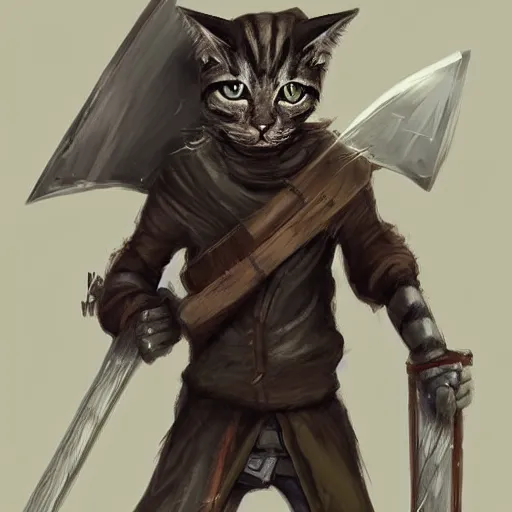 Image similar to humanoid homeless cat wearing rags, wielding a broadsword, concept art, d & d, fantasy, trending on artstation