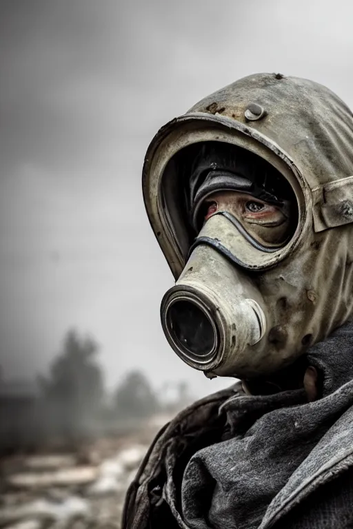 Image similar to an award winning portrait photo of a person wearing a gas mask and hard helmet, postapocalyptic, 4 k, high quality, sharp focus