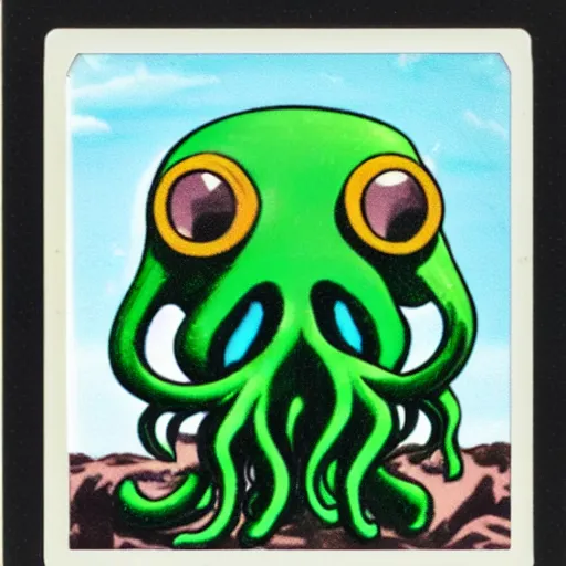 Prompt: polaroid of a cute cthulhu monster on vacation