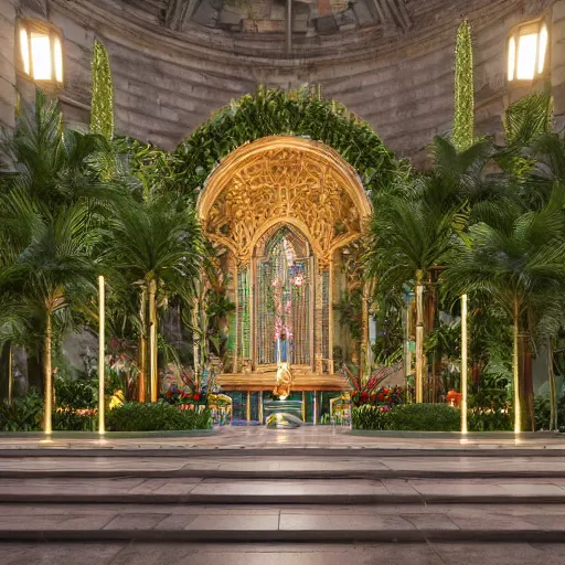 Image similar to cathedral interior with koi pond in the middle surrounded by palm trees, ivy, flowers, tropical plants, neon glow, gold lining, glossy gold statue, roses, and with archways. style leonardo + year 1 8 2 5, two men, rendered in octane render with photorealistic lighting