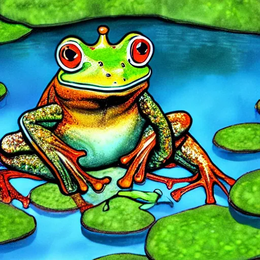 Prompt: a photorealistic frog king sitting on a throne, surrounded by frog servants next on the side of the pond