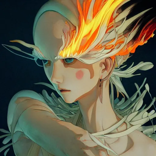 Image similar to prompt : flames and blades character portrait soft light painted by james jean and katsuhiro otomo and erik jones, inspired by evangeleon anime, smooth face feature, intricate oil painting, high detail illustration, sharp high detail, manga and anime 1 9 9 9