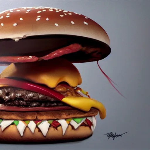 Image similar to hyper realistic hamburger as a xenomorph, painted by greg rutkowski, unreal engine, pixar,