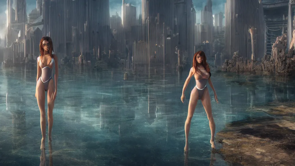 Image similar to 3D render of an single miniature beautiful bioengineered female wearing a bodysuit in front of a gigantic city ruined underwater environment, omnious , elegant, reflections, focus, detailed, realistic eyes, horizontal partial symmetry features proportions, intricate facial skin details, award winning, trending in cgsociety artstation deviant art, octane render