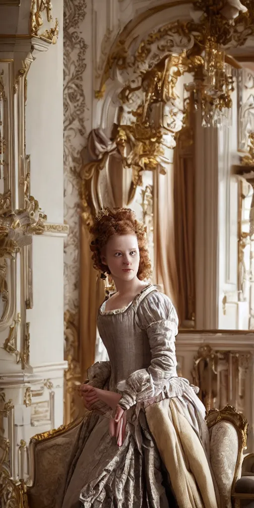 Image similar to young attractive beautiful scandinavian woman wearing 1 8 th century stay in versailles, wow 4 k detail fantasy, matte painting, realistic materials, photo realistic, postprocessing, cinematic, hyperrealistic, studio lighting, ekaterina, the tudors, photography by richard jenkins