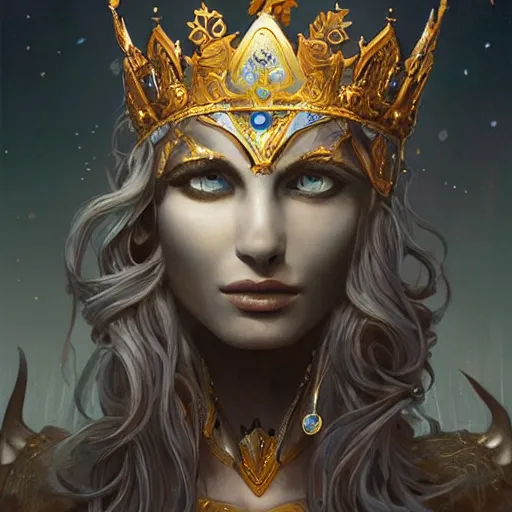 Prompt: Artemixel, the modern reincarnation of the old selenium god of hunt, also known as Artemis the Selene, carrying the celebrated Crown of the Crescent Moon, wich its usual bright and slightly bluish crescent like the brightness of the night. Portrait by Marc Simonetti, digital concept art