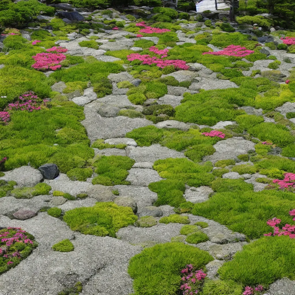 Prompt: Japanese meadow, highly detailed, with flowers and stones