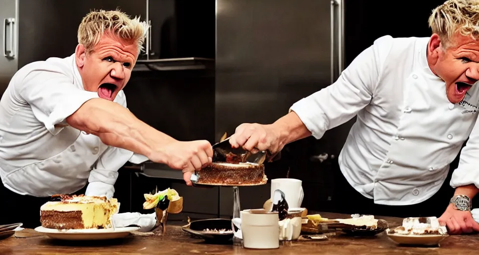 Prompt: photo of angry furious Gordon Ramsay smashing a cake in Gordon Ramsay's face at the kitchen