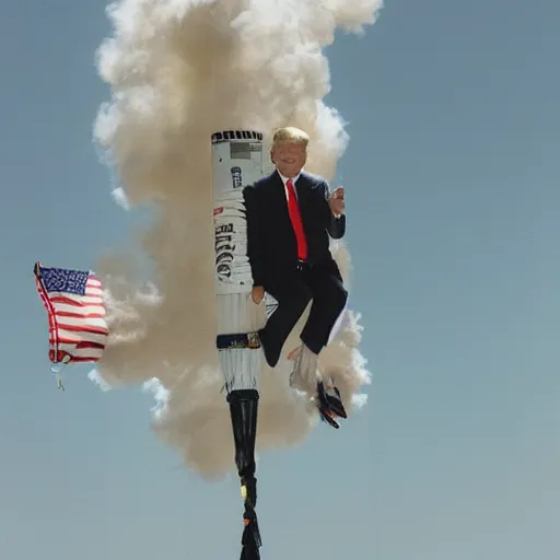 Prompt: donald trump strapped to a rocket sent into space, natural light, photograph - shot, by terry richardson