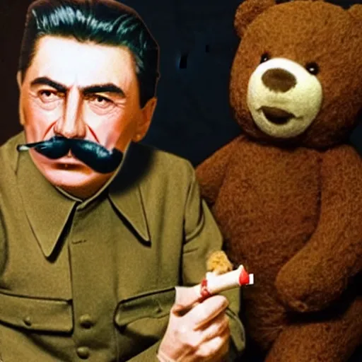 Image similar to professional picture of Joseph Stalin smoking a joint and sitting next to an anthropomorphic teddy bear on a couch, dslr, cinematic, detailed and realistic face,