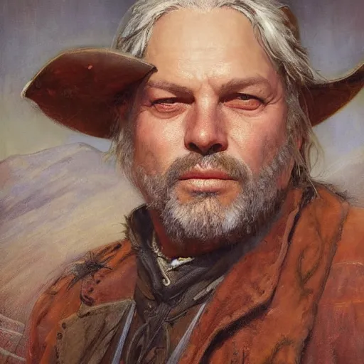 Image similar to Solomon Joseph Solomon and Richard Schmid and Jeremy Lipking victorian genre painting portrait painting of David Gilmour a rugged cowboy gunfighter old west character in fantasy costume, rust background