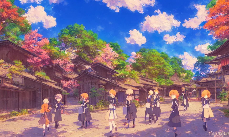 Prompt: impressionist painting of happiness and friendship, rural landscape, kyoto animation, wide shot, dynamic lighting, vivid colors, high detail, award winning