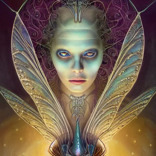 Prompt: beautiful closeup portrait of an art deco faerie queen, glowing eyes. reflective detailed textures, moth wings, highly detailed dark fantasy science fiction painting by tom bagshaw and michael whelan and diego rivera and annie swynnerton and jean delville and moebius and evelyn de morgan, elaborate geometric ornament, ancient runes, silver and cool colors. artstation